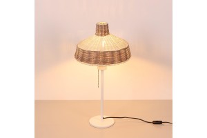 Merve Krem & Kahverengi Rattan Beyaz Ayaklı Masa Lambası