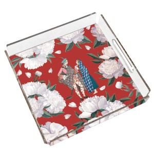 Red - White Rose Pleksi Tepsi - PT2105 - 25x25cm