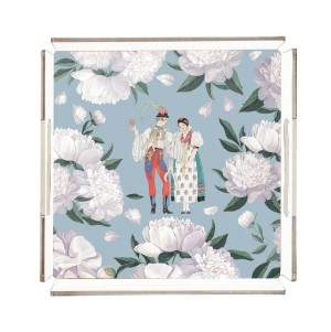 Blue - White Rose Pleksi Tepsi - PT2106 - 25x25cm