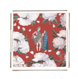 Red - White Rose Pleksi Tepsi - PT2105 - 25x25cm