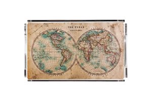Vintage Dünya Haritası Pleksi Tepsi - PT2118 40x24cm