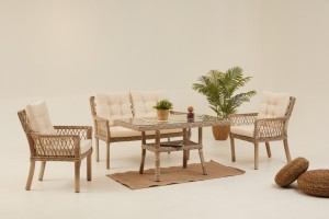 Pure Rattan Bahçe Oturma Grubu(2+1+1+S) - Krem (Minder Rengi Kapiçino)