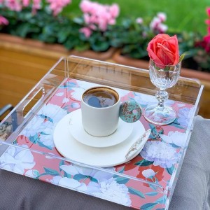 Red - White Rose Pleksi Tepsi - PT2105 - 25x25cm