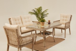Pure Rattan Bahçe Oturma Grubu(2+1+1+S) - Krem (Minder Rengi Kapiçino)